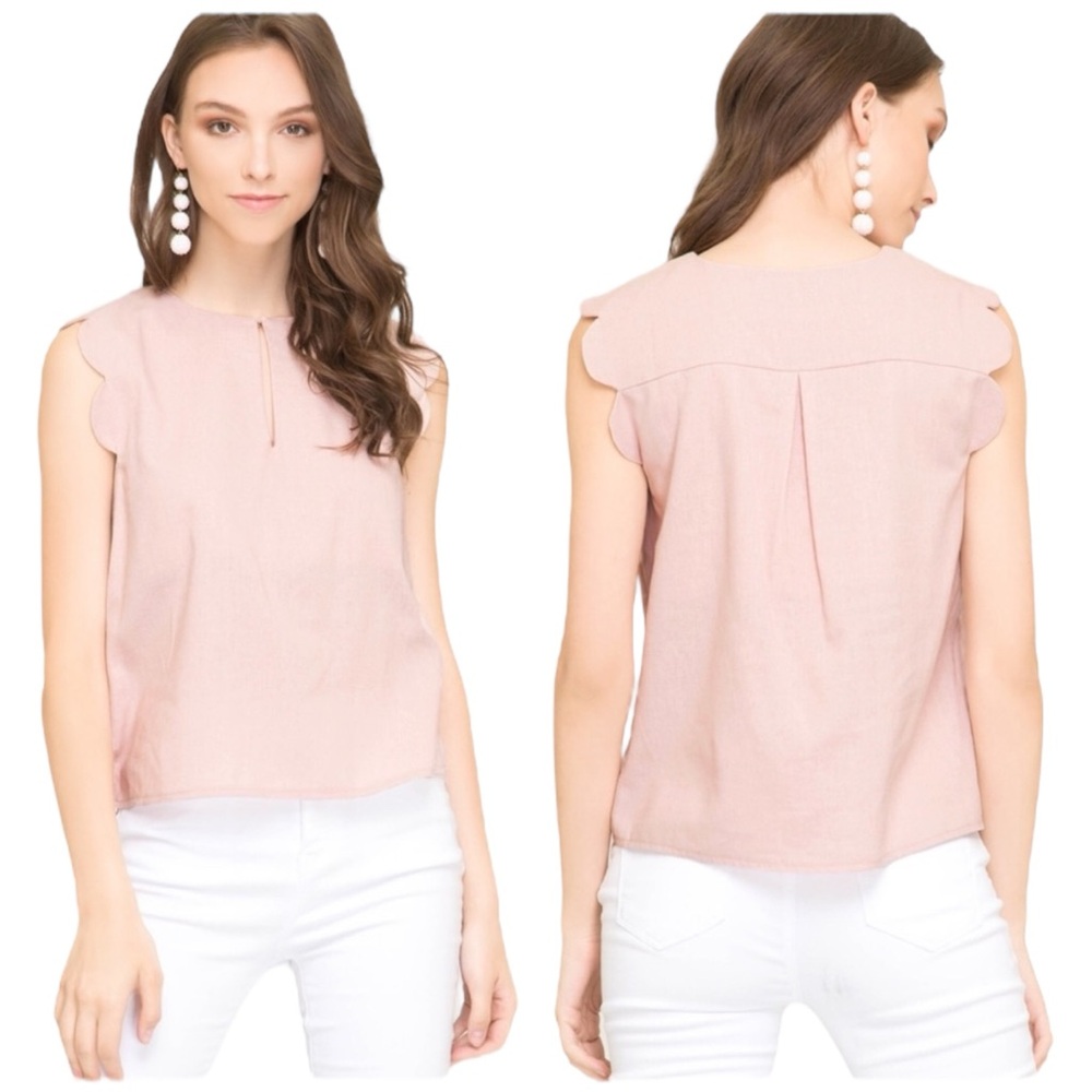 She and Sky Women's Large Scalloped Sleeveless Tank‎ Blouse Top Blush Pink